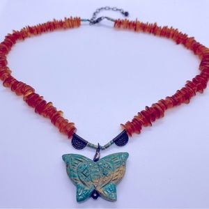 Handmade Genuine Amber and Turquoise 15”-18” Butterfly necklace